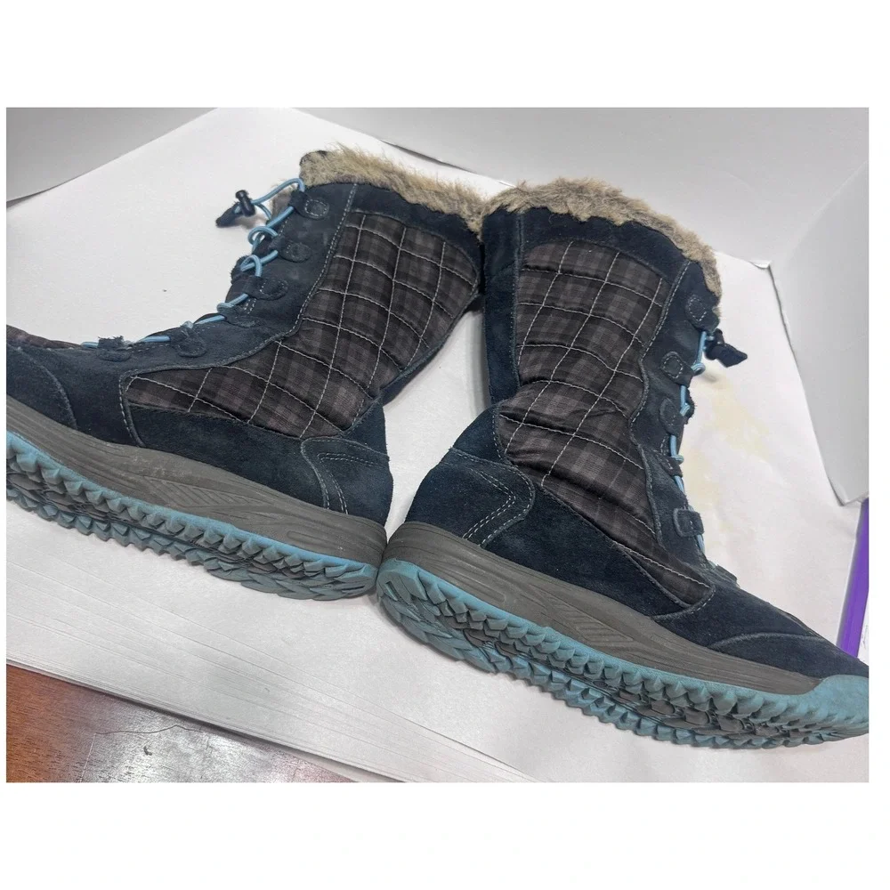 Teva Girls Waterproof Winter Boots Suede Plaid Faux Fur Black Blue sz 3